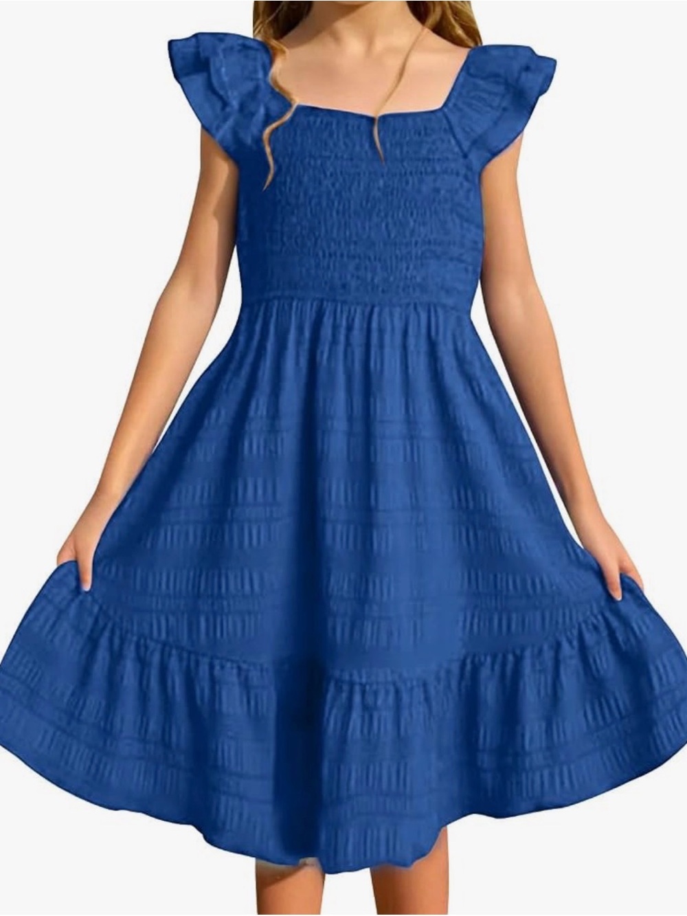 Girls Royal Blue Smocked Ruffle Maxi Dress 12-13Y 2XL Flutter Sleeve Cottagecore